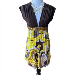 Forever Vintage Y2K Dress Brown and Yellow Print With Gold Gems Size Small